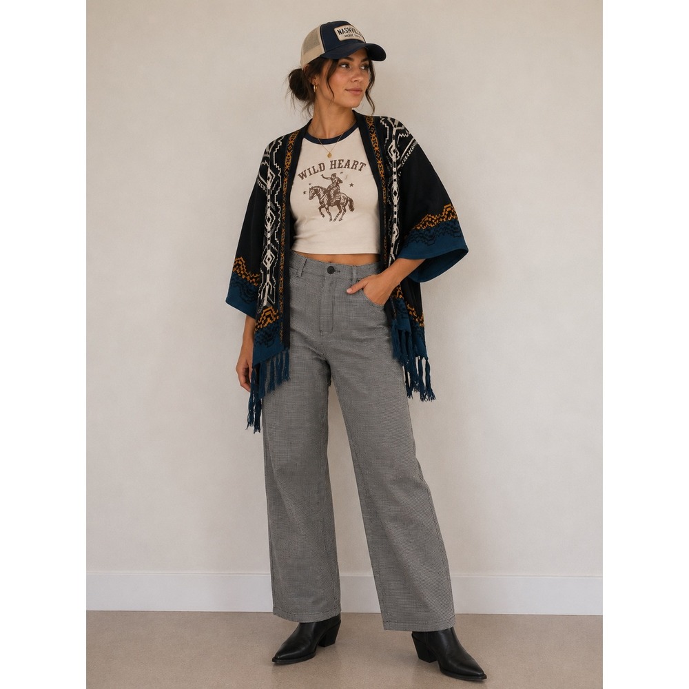 Jealous‎ Tomato Black Blue Tribal Geometric Fringe Kimono Cardigan Sweater Large